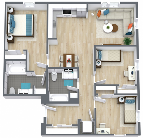 3bed/2bath unit- A top-down view of a house layout with multiple rooms and furniture.